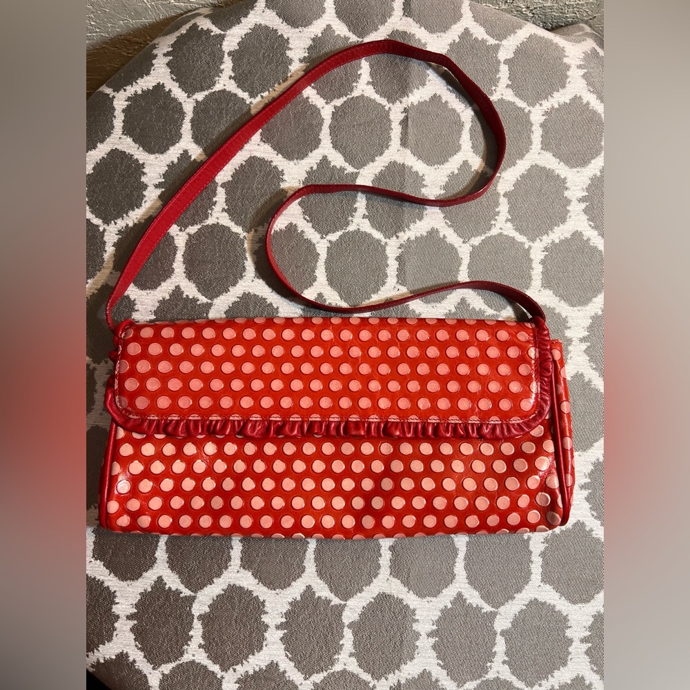 Arcadia NWT Vibrant Red Polka Dot Leather Clutch Shoulder Bag colorful ruffle